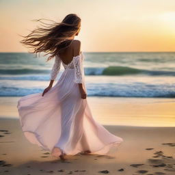 An elegant woman leisurely strolling on a serene beach during sunset, her hair gently dancing with the sea breeze.