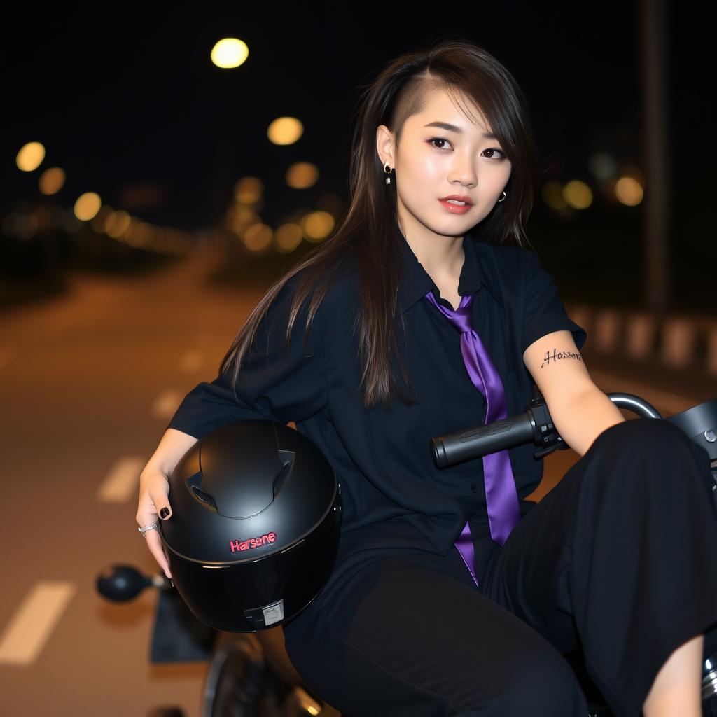 A Korean woman with long hair shaved on one side, featuring a lip piercing and a gauged earring