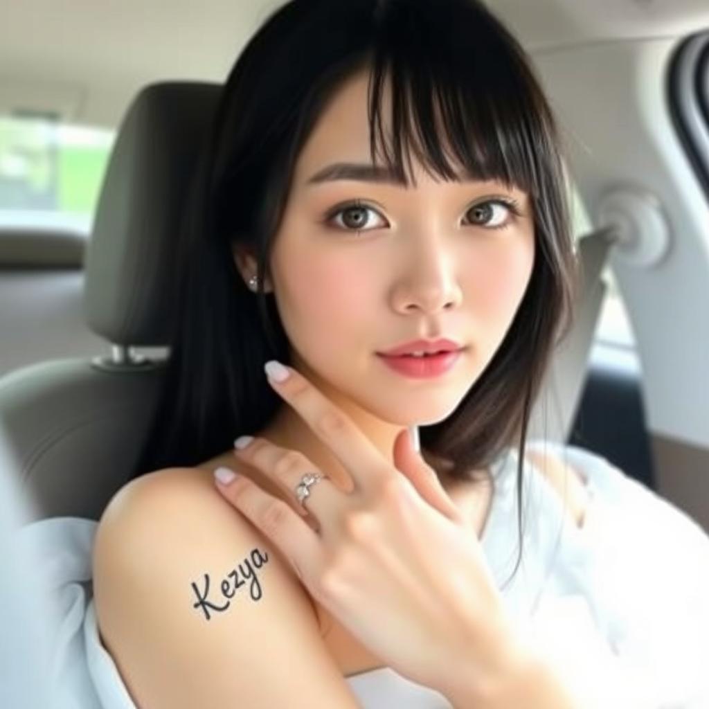 A Korean woman with straight black hair, displaying a tattoo of the name "Kezya" on her arm