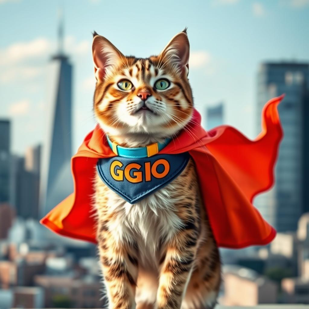 A heroic cat transformed into a superhero, wearing a vibrant and imaginative 'Super Gigo' collar, showcasing its powers and strength