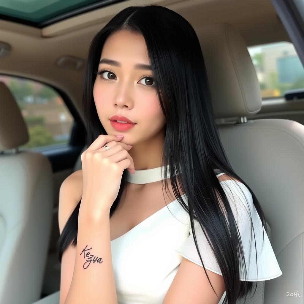 A Korean woman with straight black hair, showcasing a tattoo of the name "Kezya" on her arm
