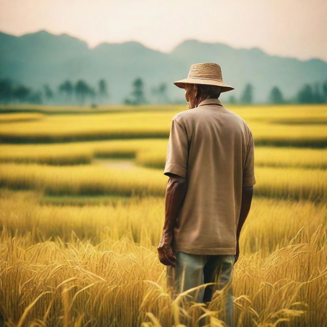 An elderly man appreciating the serene view of golden rice paddies in the early evening, captured through a vintage style film camera using natural light for a nostalgic feel.