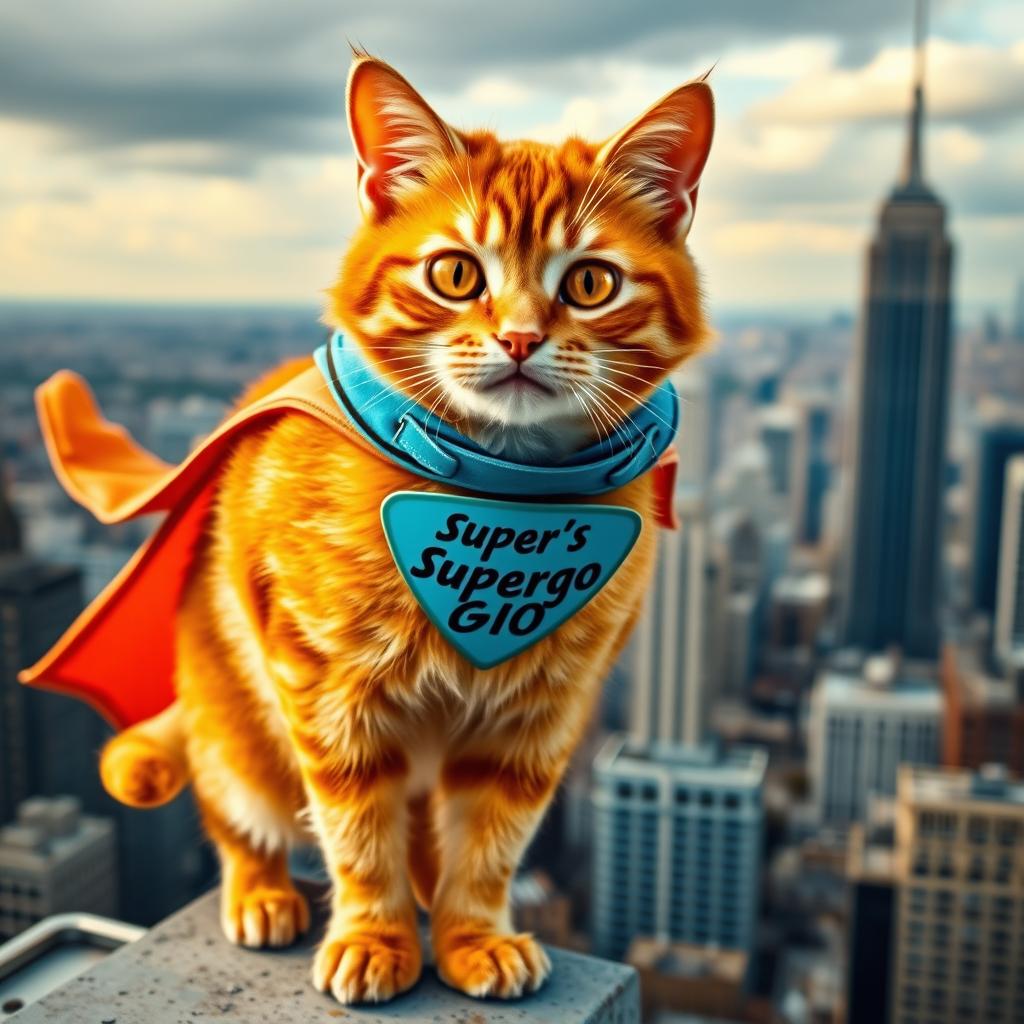 A superhero cat, resembling a bright orange tabby, wearing a superhero collar labeled 'Super Gigo'