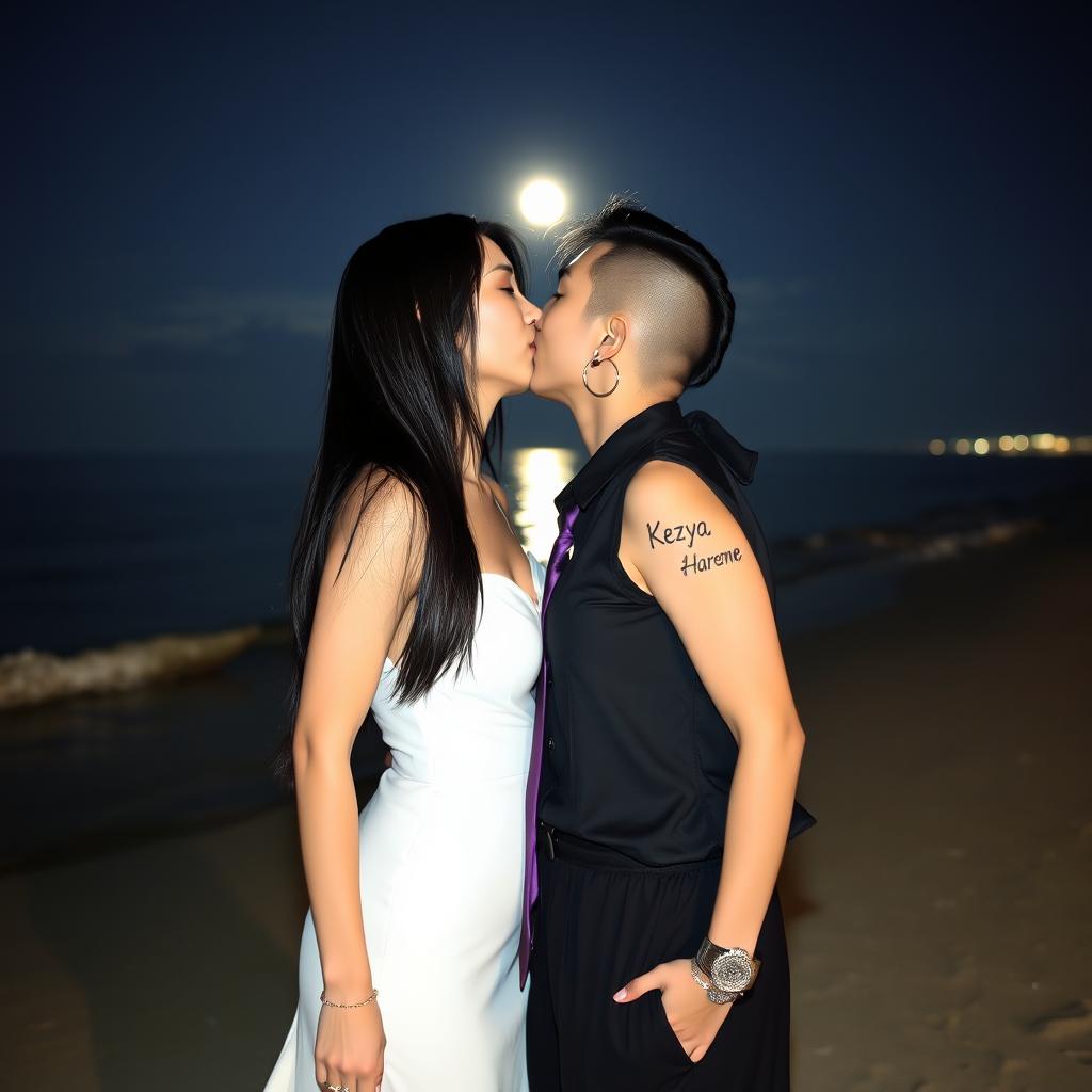 Two Korean women kissing on a beach at night
