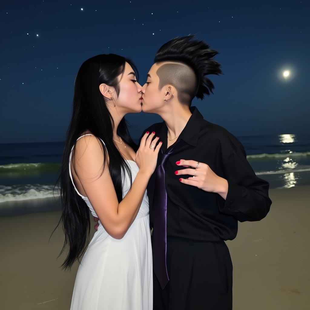 Two Korean women kissing on a beach at night