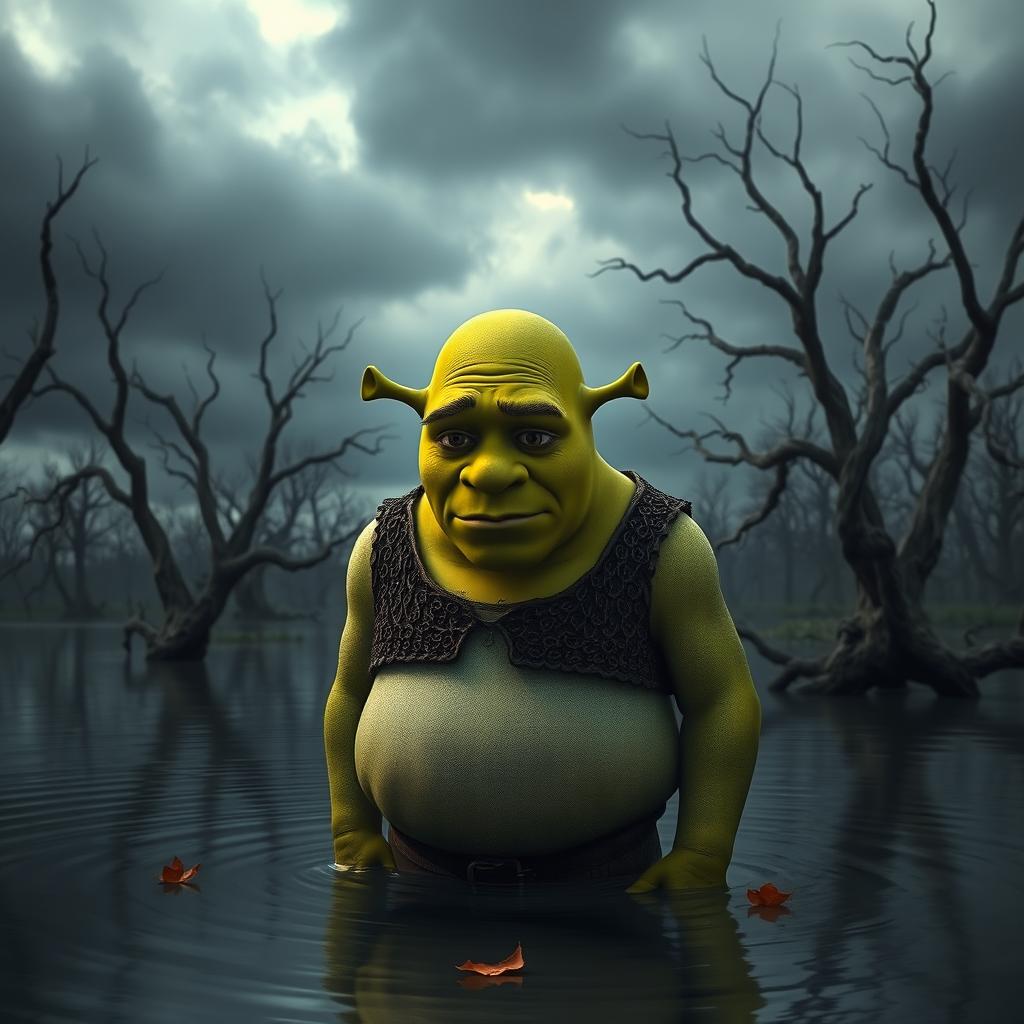 A realistic and emotional scene featuring Shrek, the green ogre, standing alone in a desolate swamp
