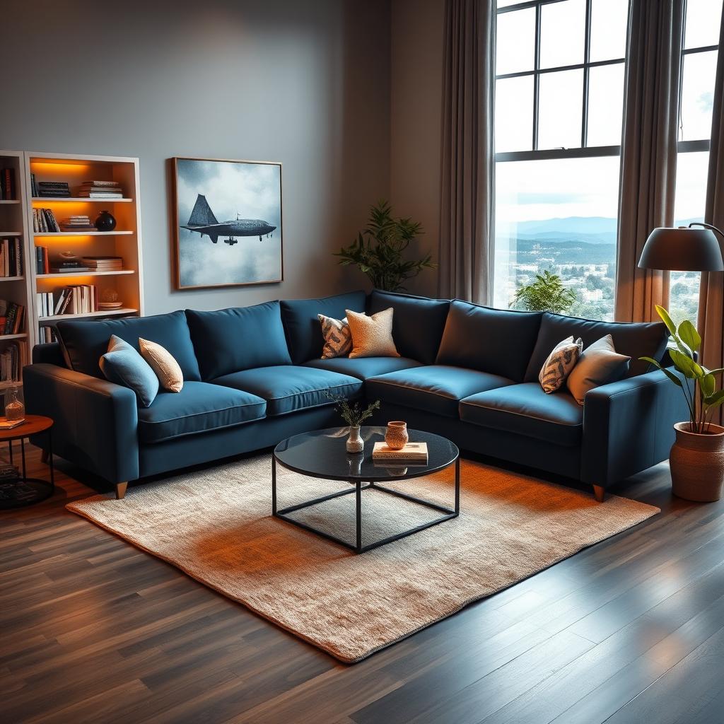 A cozy living room featuring a luxurious L-shaped dark blue sofa as the centerpiece