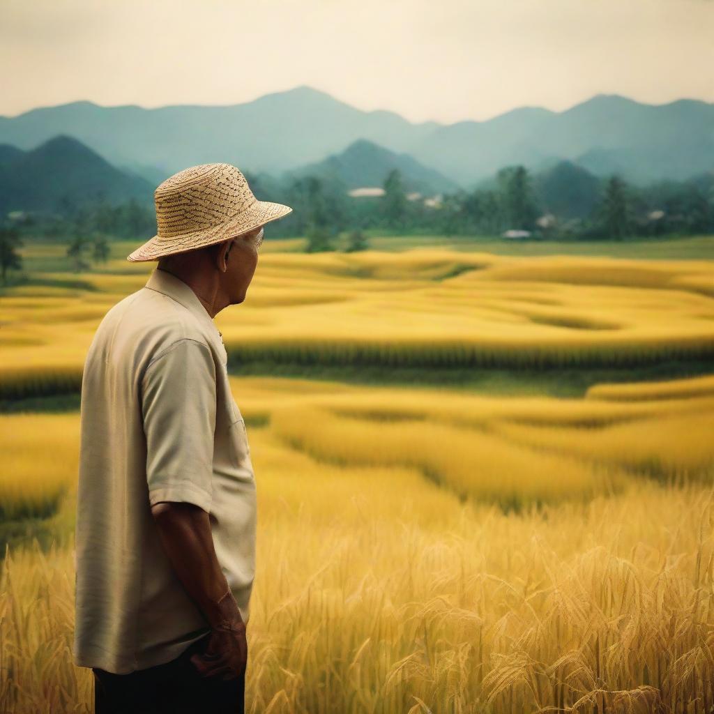 An elderly man appreciating the serene view of golden rice paddies in the early evening, captured through a vintage style film camera using natural light for a nostalgic feel.