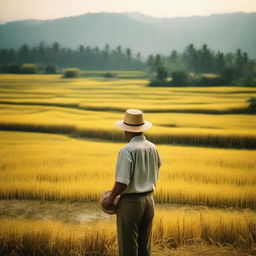 An elderly man appreciating the serene view of golden rice paddies in the early evening, captured through a vintage style film camera using natural light for a nostalgic feel.