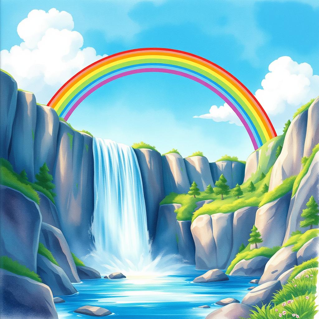 A vibrant and enchanting watercolor scene depicting a majestic waterfall cascading down rocky cliffs, surrounded by lush greenery