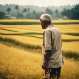 An elderly man appreciating the serene view of golden rice paddies in the early evening, captured through a vintage style film camera using natural light for a nostalgic feel.