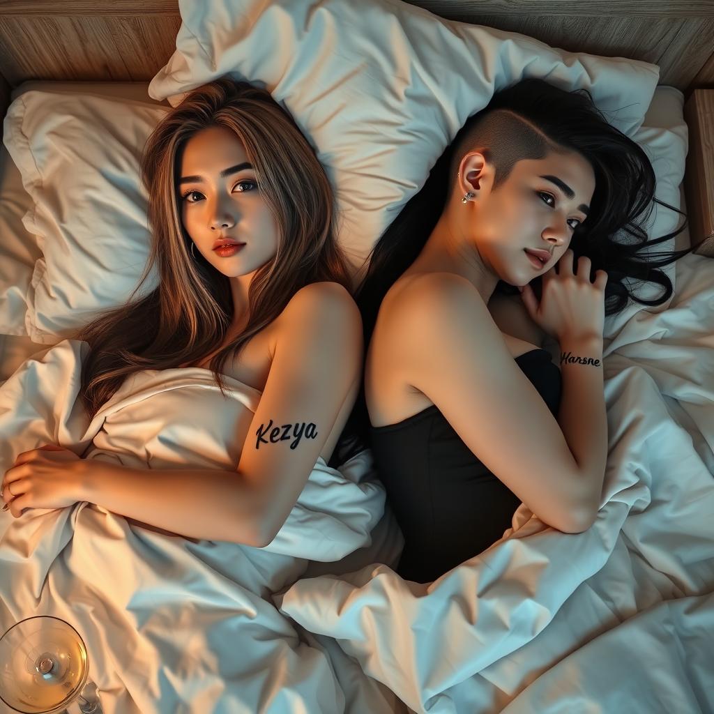 Two Korean women lying together in a motel bed under the sheets