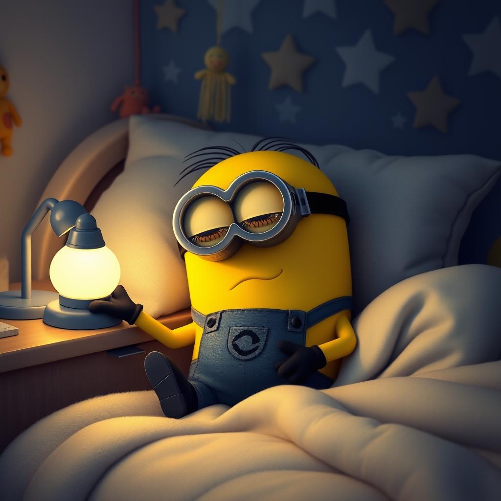 A cute minion peacefully sleeping in a cozy bed, surrounded by soft blankets and fluffy pillows
