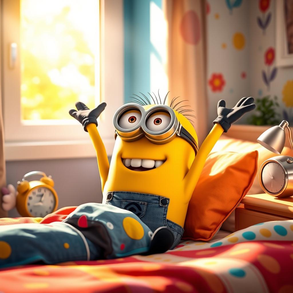 A cheerful minion waking up in bed on a bright morning