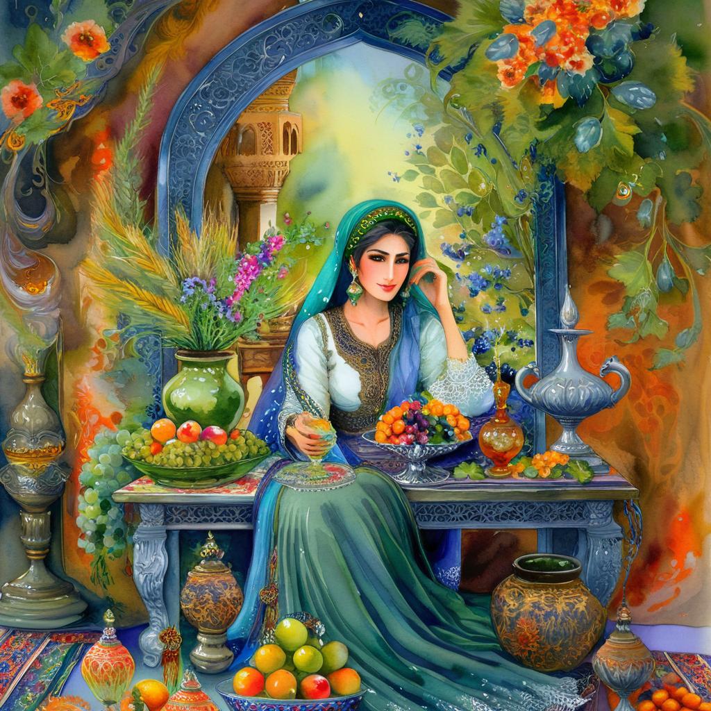 Mystical and spiritual watercolor painting of a beautiful Iranian woman sitting indoors, next to a table with fruit and grape dishes, traditional vases and colorful flowers, Eid greenery, traditional mirror, beautiful candles, small sweets in beautiful dishes, Iranian Nowruz table, Iranian silk carpet, green wheat ears in a traditional jar