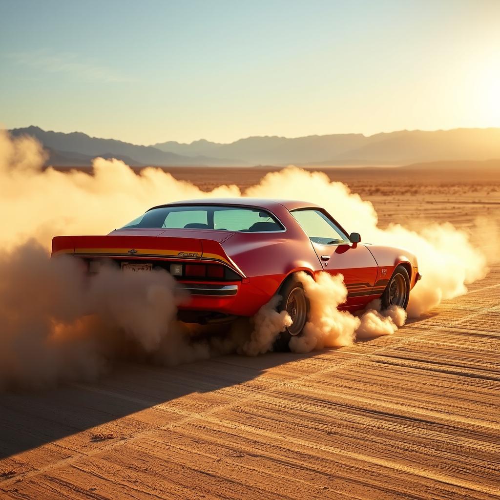 A classic 1978 Chevrolet Camaro Z28, vibrant and eye-catching, performing an impressive burnout in a vast desert landscape