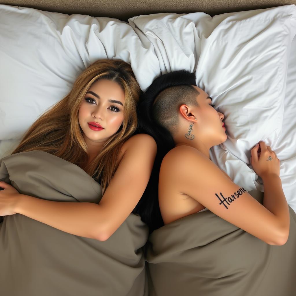 Two Korean women lying together in a hotel bed under the sheets