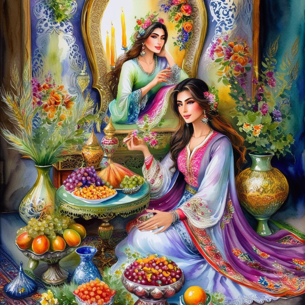 Mystical and spiritual watercolor painting of a beautiful Iranian woman sitting indoors, next to a table with fruit and grape dishes, traditional vases and colorful flowers, Eid greenery, traditional mirror, beautiful candles, small sweets in beautiful dishes, Iranian Nowruz table, Iranian silk carpet, green wheat ears in a traditional jar