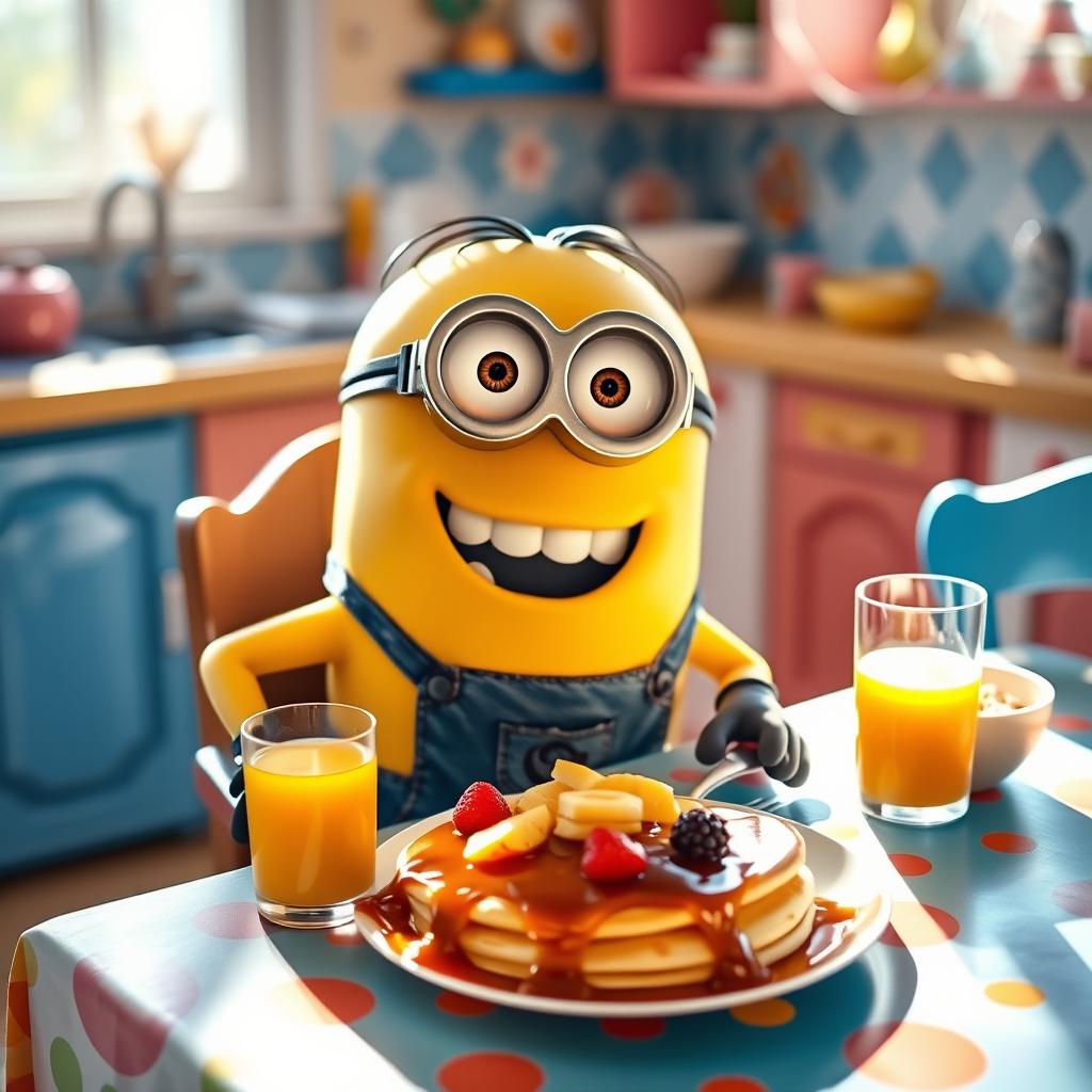 A cheerful minion happily eating breakfast at a colorful table