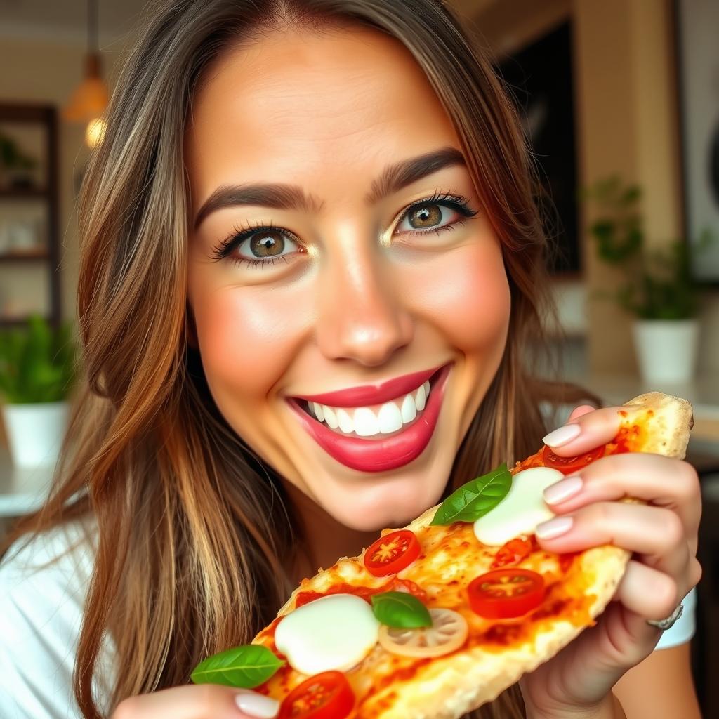 A beautiful woman's face with warm, inviting features, enjoying a slice of delicious pizza with a playful smile