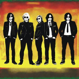 Generate a WhatsApp profile photo featuring the band My Chemical Romance in a cool and iconic pose with a distinct, creative background.