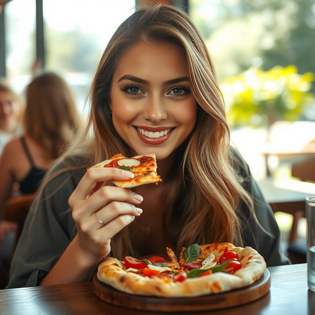 A beautiful woman's face enjoying a slice of pizza, with a joyful expression, sitting at a cozy cafe table