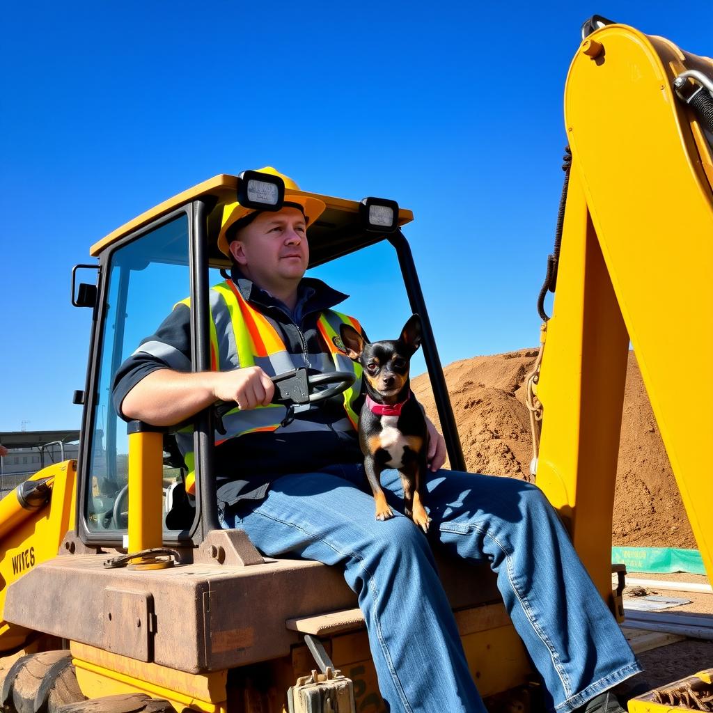 An engineer operating a backhoe loader on a construction site, focused and determined