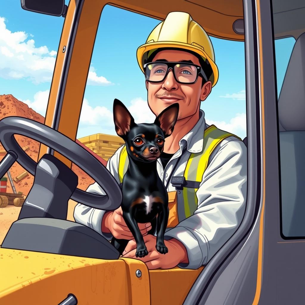 A detailed illustration of an engineer operating a backhoe loader, with a black chihuahua dog sitting in the operator's seat beside him