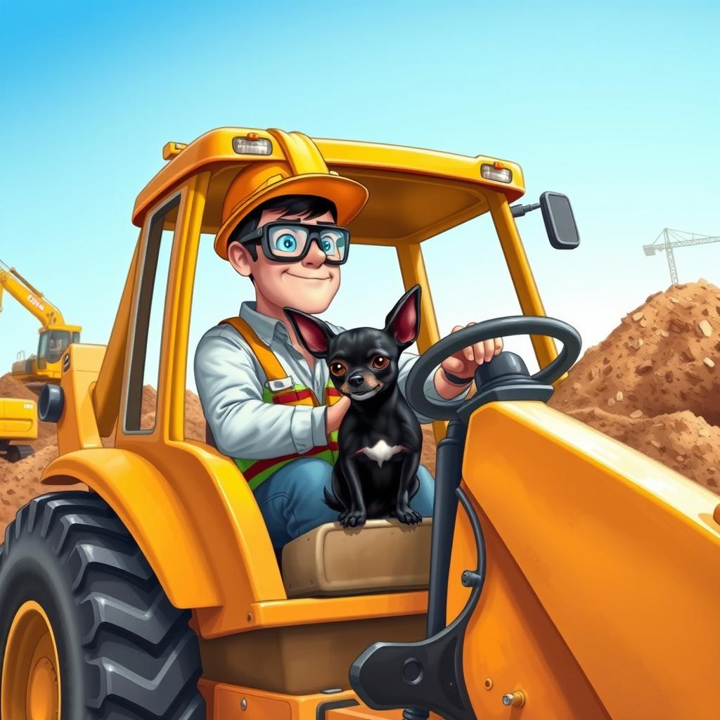 A detailed illustration of an engineer operating a backhoe loader, with a black chihuahua dog sitting in the operator's seat beside him