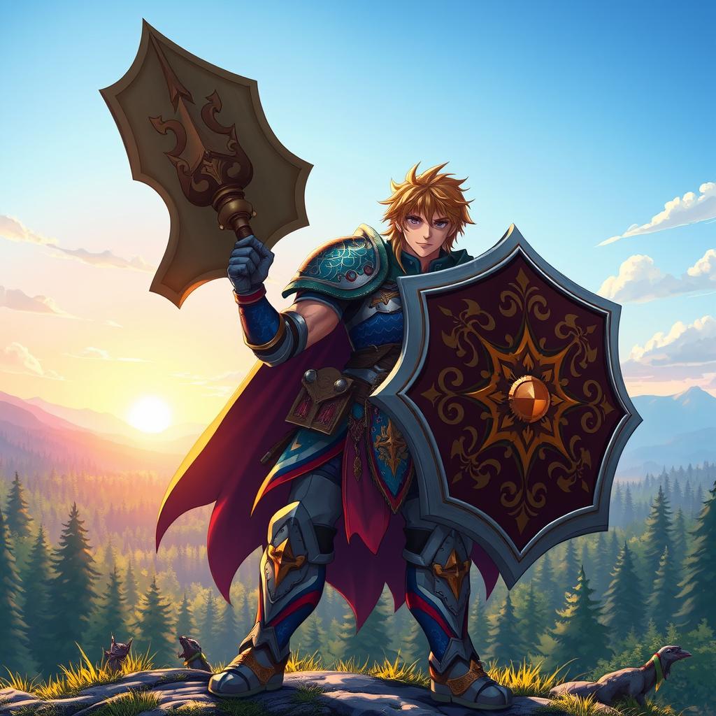 A powerful hero standing confidently in a fantasy landscape, wielding a large, ornate shield