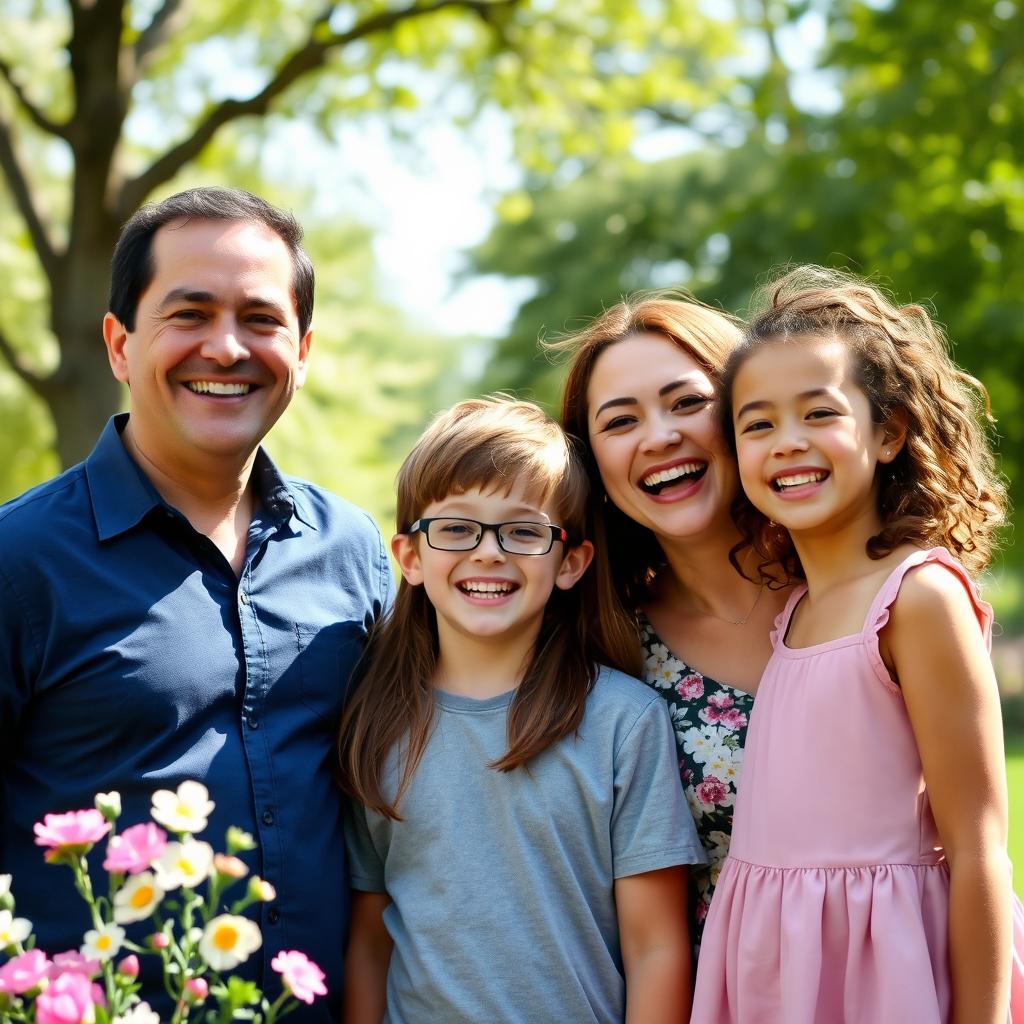 A warm and heartwarming family portrait featuring four members: a smiling father with short dark hair wearing a blue shirt, a cheerful mother with long brown hair wearing a floral dress, a teenage boy with glasses and a casual t-shirt, and a young girl with curly hair wearing a pink dress