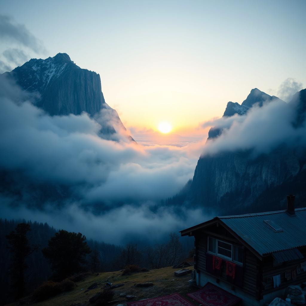 A stunning landscape featuring towering, majestic mountains with snow-capped peaks that reach high into the sky