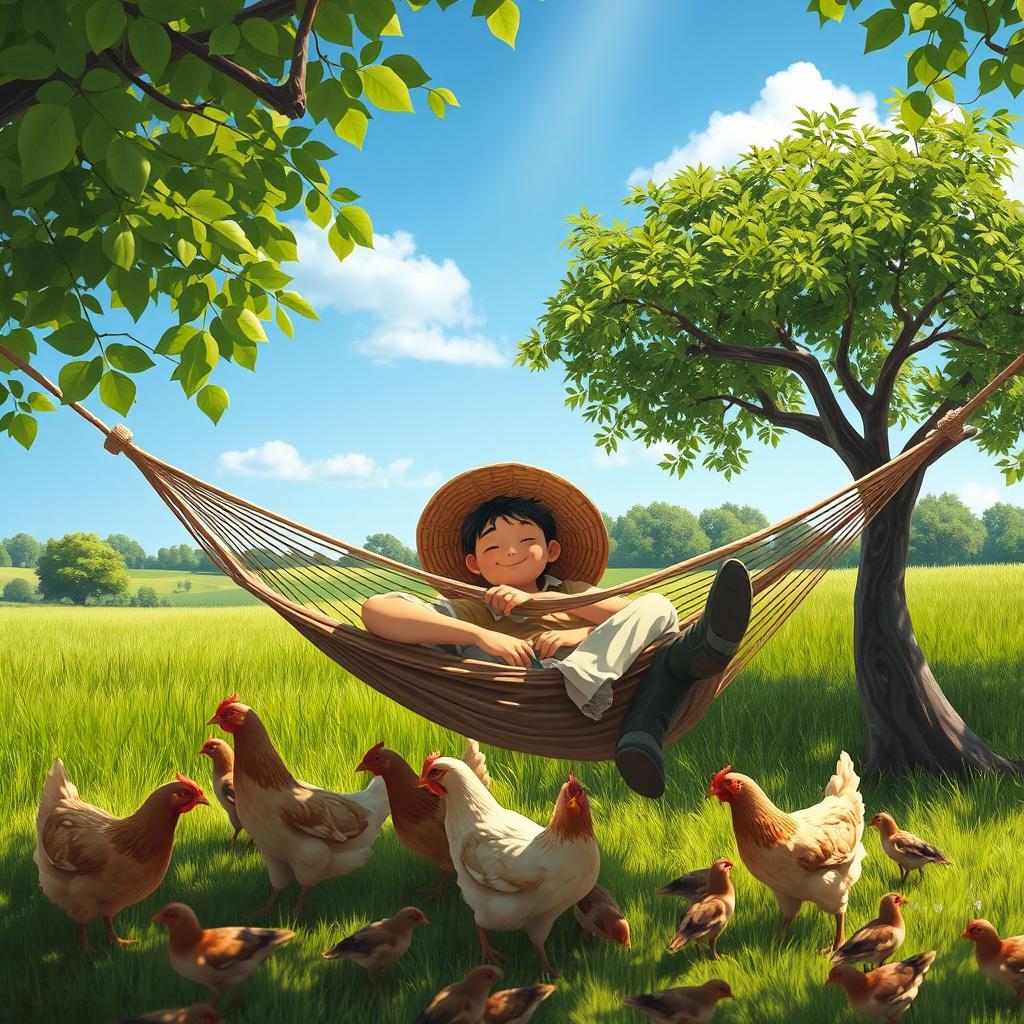 A peaceful rural scene depicting a farmer sleeping in a hammock