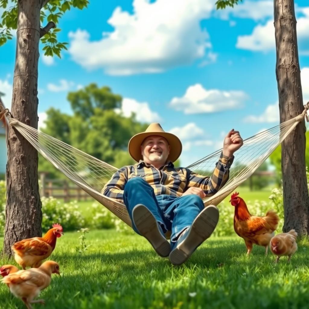 A peaceful scene of an adult farmer relaxing in a hammock, gently swaying between two trees