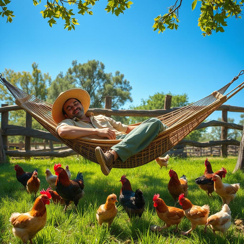 A peaceful scene depicting an adult farmer sleeping in a hammock, surrounded by chickens