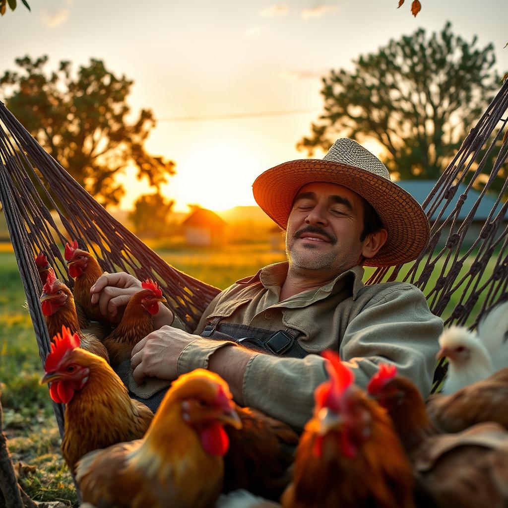 An adult farmer sleeping peacefully in a hammock surrounded by chickens, depicting a serene rural scene