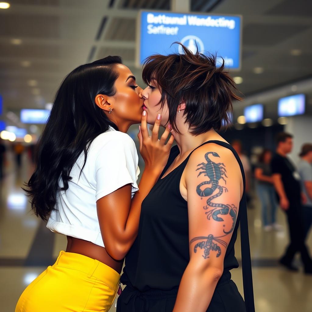 Two women kissing at an airport