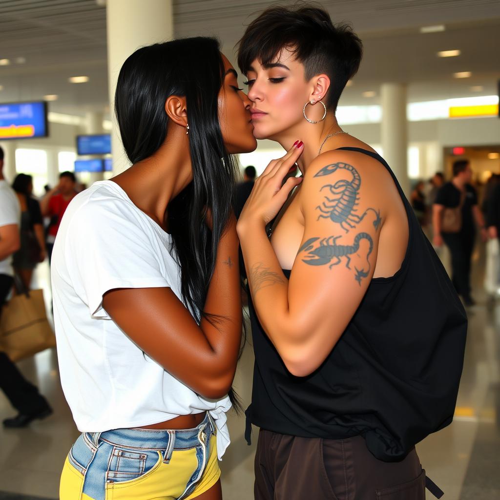 Two women kissing at the airport