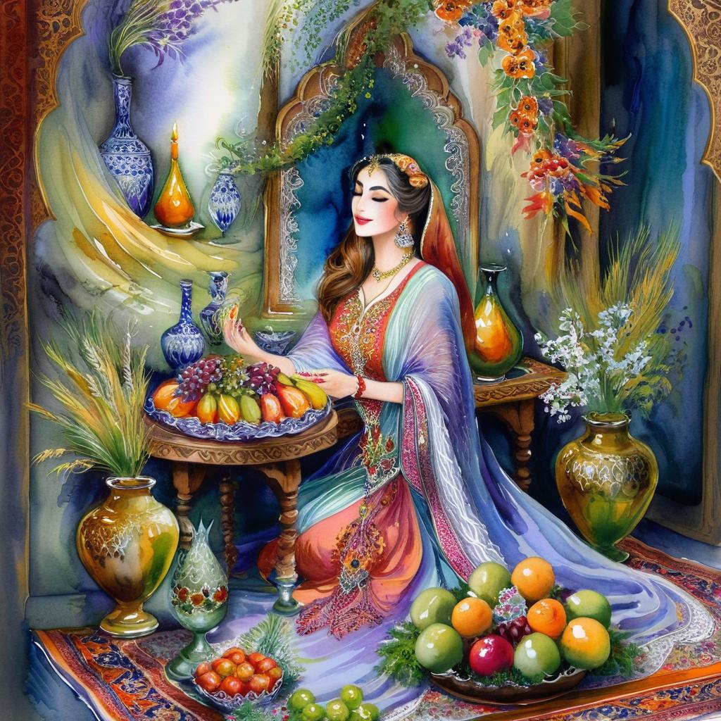 Mystical and spiritual watercolor painting of a beautiful Iranian woman sitting indoors, next to a table with fruit and grape dishes, traditional vases and colorful flowers, Eid greenery, traditional mirror, beautiful candles, small sweets in beautiful dishes, Iranian Nowruz table, Iranian silk carpet, green wheat ears in a traditional jar