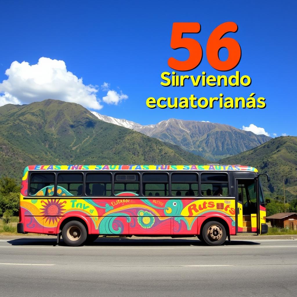 An Ecuadorian landscape featuring a vibrant and colorfully decorated bus, inspired by the traditional "bus aray" design, set against the backdrop of the Andes mountains dotted with lush greenery