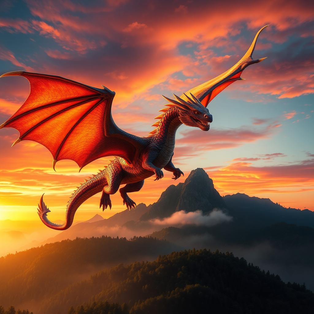 A majestic, glowing dragon soaring above a misty mountain range during sunset