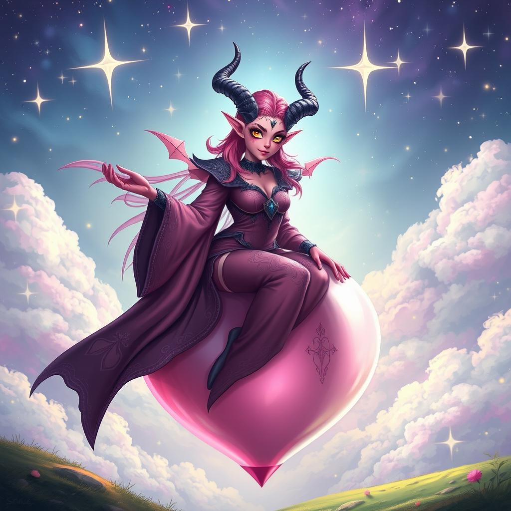 An enchanting female tiefling sorcerer with vibrant pink skin, elegantly dressed in an ornate, magical robe adorned with celestial designs, sitting gracefully atop a large, floating heart-shaped pink bubble