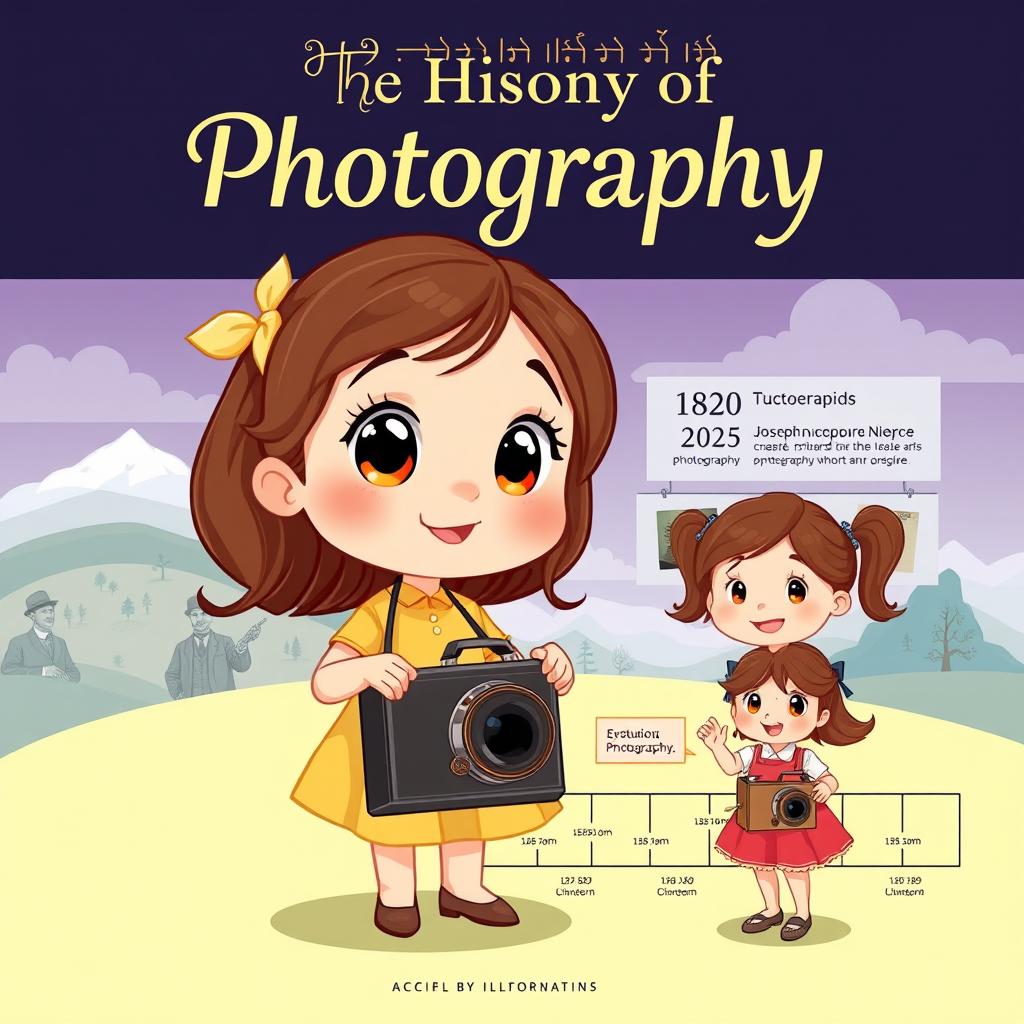 A beautiful and informative illustration depicting the history of photography, featuring a charming cartoon girl with large, expressive eyes, holding an old-fashioned camera