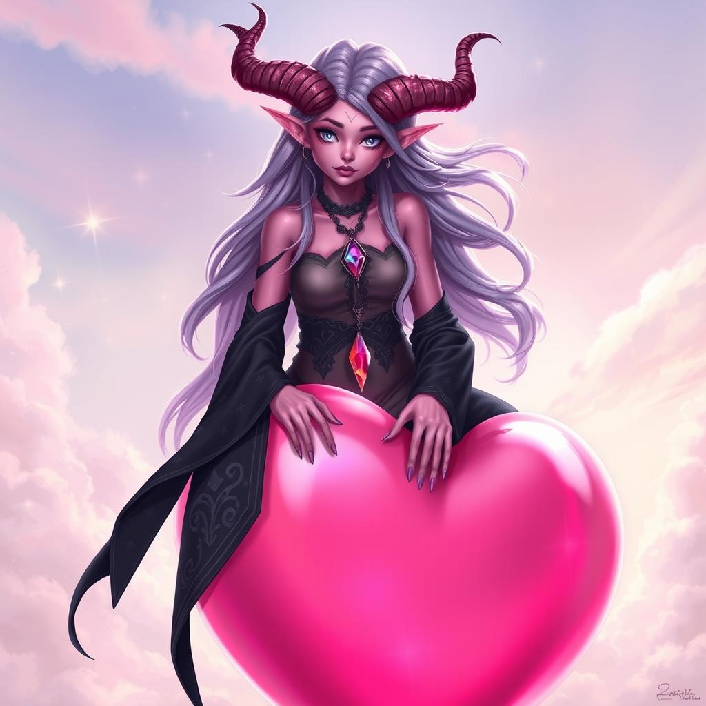 An enchanting female tiefling witch with vibrant pink skin, 20 years old, sitting gracefully atop a large, floating heart-shaped pink bubble