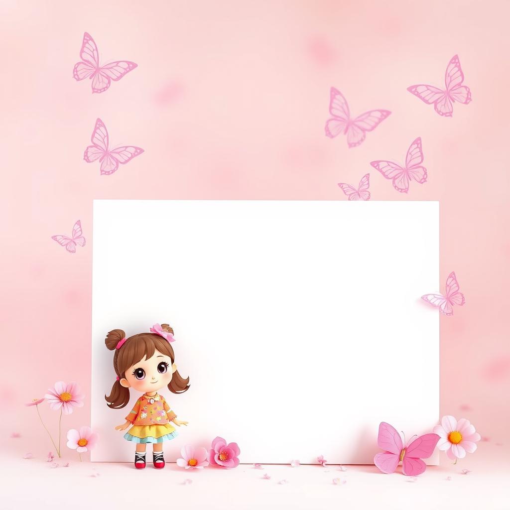 A large white rectangle for typing text, accompanied by a small cartoon girl standing next to the rectangle