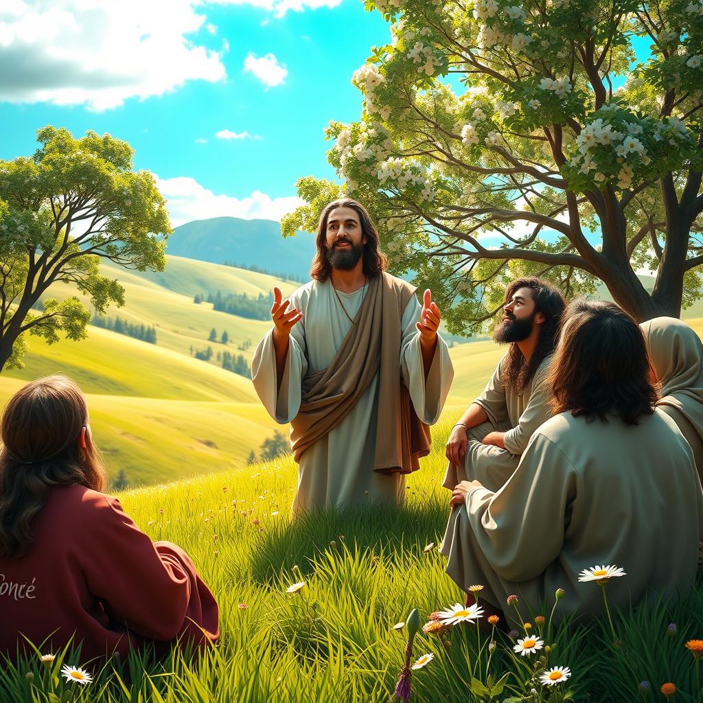 A serene and inspiring scene depicting Jesus preaching to his disciples in a lush landscape, with rolling hills and blooming wildflowers under a vibrant blue sky