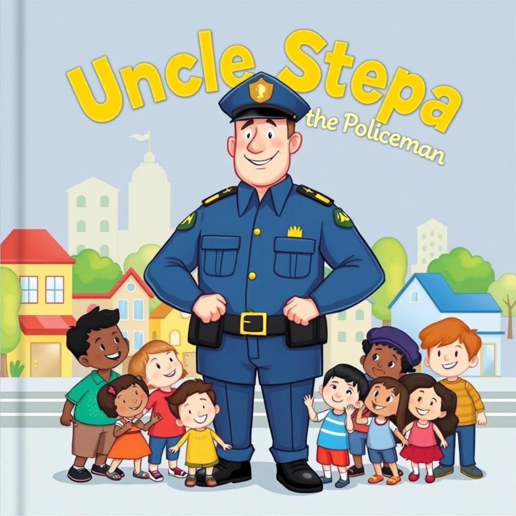 A whimsical book cover illustration for 'Uncle Stepa the Policeman', featuring a kind and strong police officer named Uncle Stepa