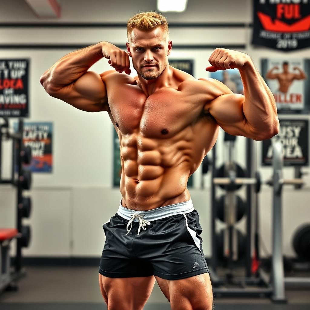 A muscular white bodybuilder with an impressive physique, wearing stylish shorts, posed confidently in a gym environment