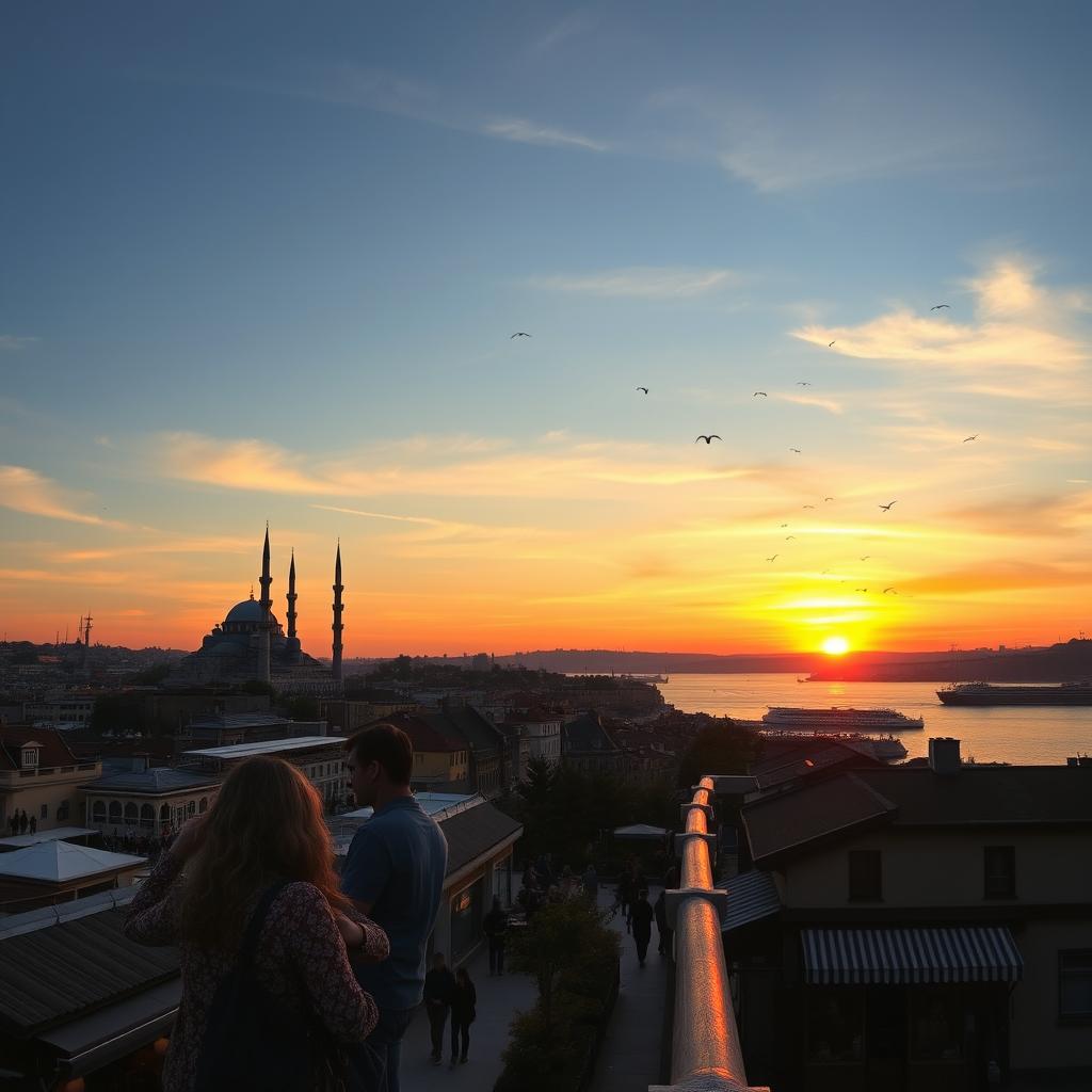 A panoramic view of Istanbul at sunset, showcasing the iconic skyline with the Hagia Sophia and Blue Mosque prominently in the foreground