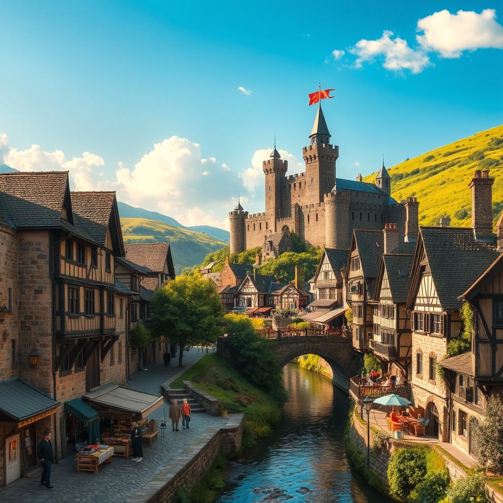 An enchanting old medieval city nestled within lush green hills, featuring cobblestone streets winding through quaint buildings constructed from aged stone and timber